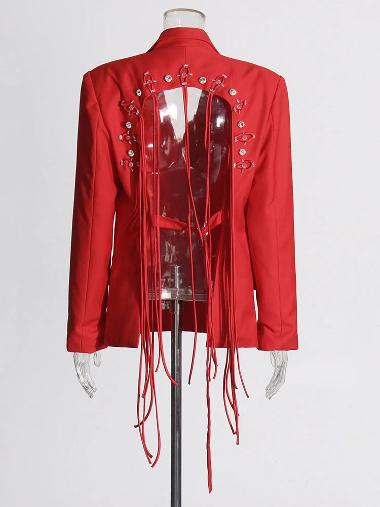 TWOTWINSTYLE Patchwork-Diamanten rückenfreier Blazer für Damen mit gekerbtem Kragen, langen Ärmeln, gespleißten Knöpfen, schickem Damen-Stil