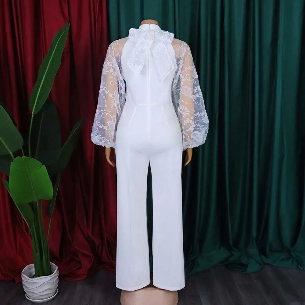 Mesh Jumpsuit Women White Overalls Party Lace Rompers New In Bodysuit One Piece Long Sleeve Summer Long Pants Y2k Spring Work