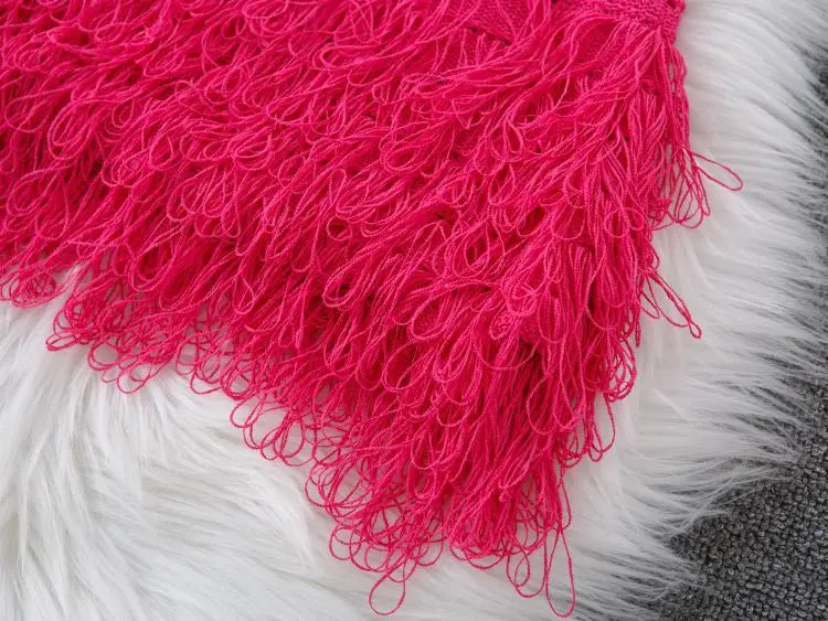 Women's Solid Color Sleeveless Round Neck Slim Fitting Fringe Fur Dress for Summer 2025