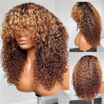 Weiche Ombre Blond 26 Zoll krause Locken Perücke, maschinell gefertigt, mit Pony für Frauen, Hochtemperaturfaser, Cosplay, kleberlose Perücke für den täglichen Gebrauch