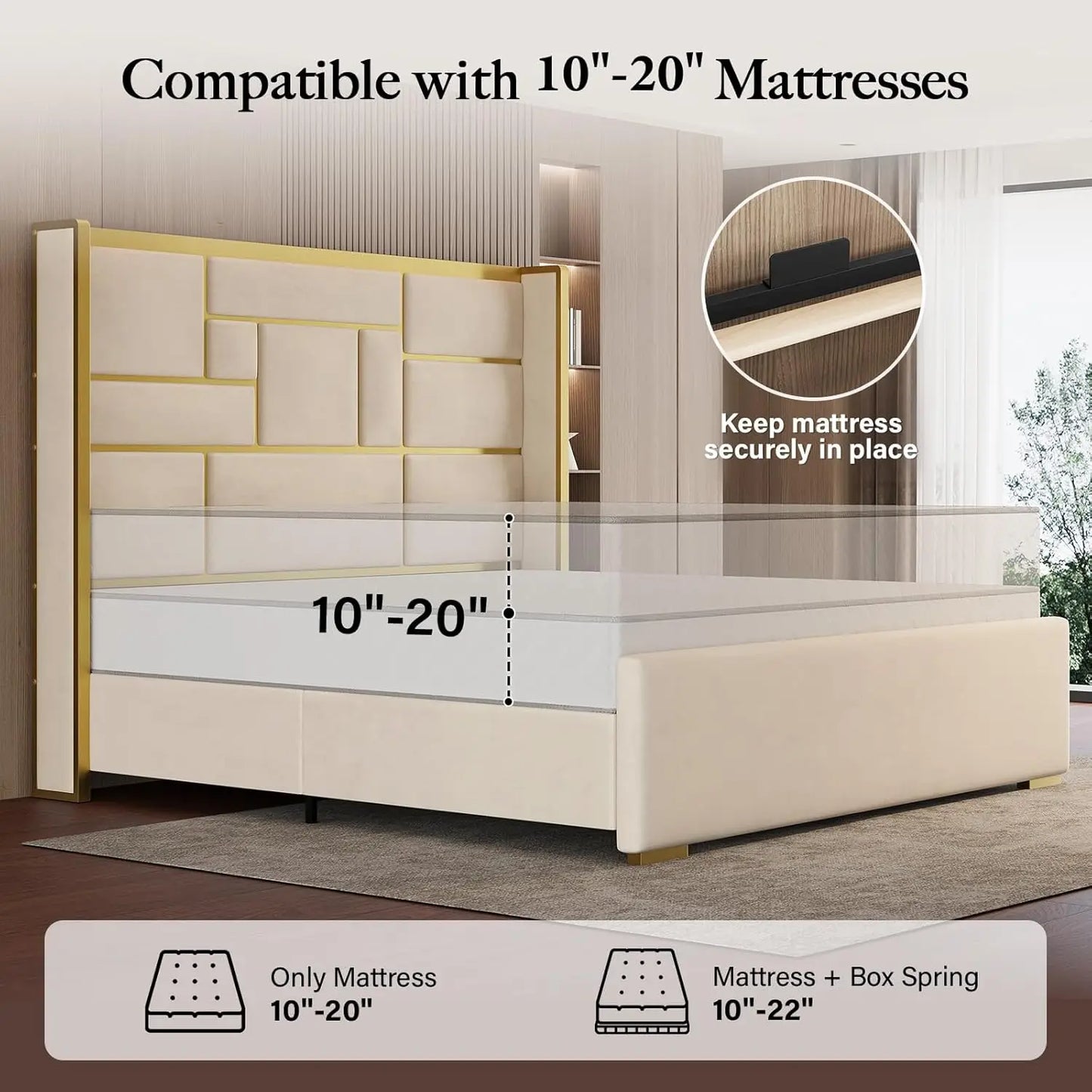 King Size Bed Frame with 55.12" Tall Headboard, Modern Luxury Velvet Upholstered Platform Bed with Gold Trim, Wide, Custom