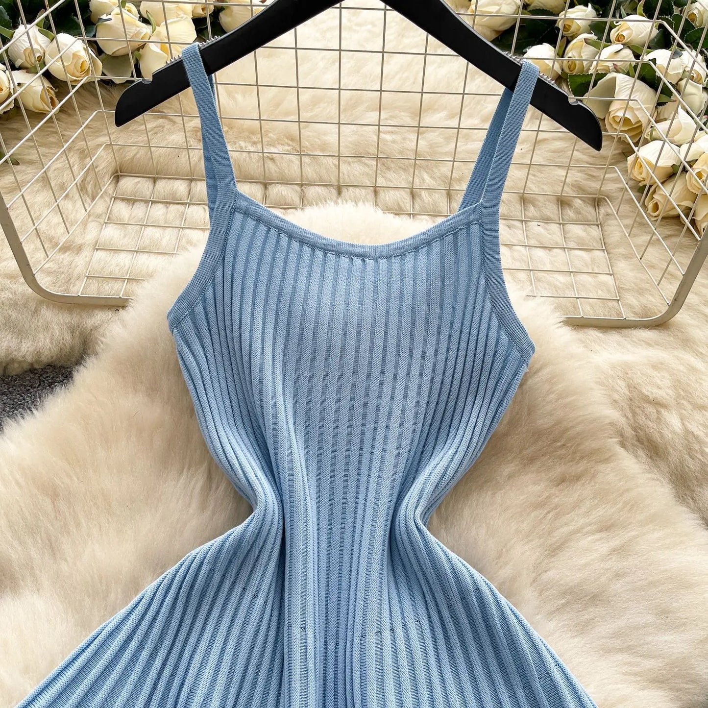 Joskaa 2026 Autumn Retro Striped Knit Dress Women Elegant Pleated Waist Slim Low Cut Sleeveless A-line Slip Dress Streetwear