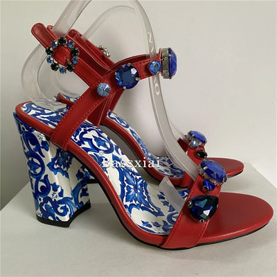 Luxus Diamant Kristall Dekor Moderne Sandalen Frauen Blau-Weiß-Porzellan-Print Knöchelriemen Sommerschuhe Für Mädchen