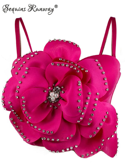Sexy pink white flower corset crop top women clothing summer body cropped beading bra club party tops woman 2026 halter tank top