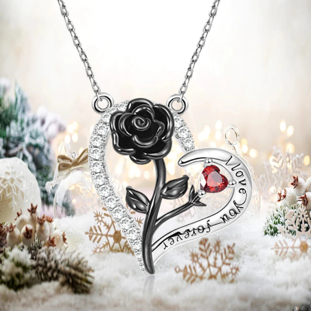 Romantische herzförmige Rosen-Anhänger-Halskette mit roten und weißen Strasssteinen, Damenhalskette, exquisiter Schmuck, Valentinstagsgeschenke