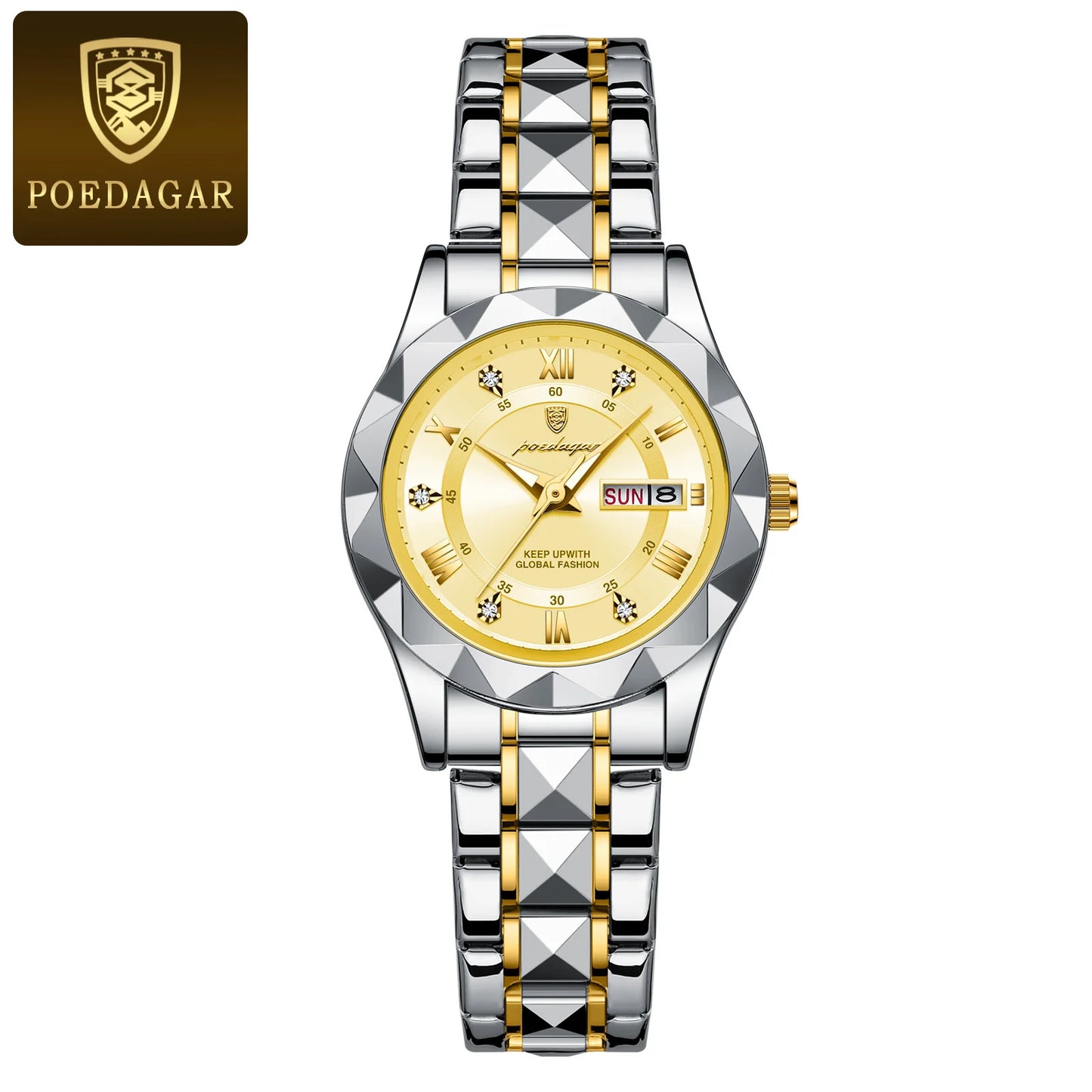 POEDAGAR Luxuriöse Damen-Kleideruhr, leuchtend, wasserdicht, Wochen- und Datumsanzeige, Damenarmbanduhr, Edelstahl-Damenquarzuhr reloj+box