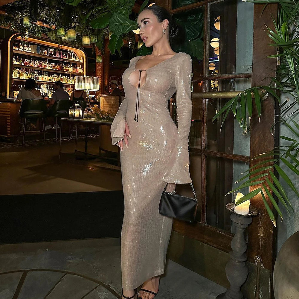Abendkleid Damen Elegant Pailletten Tiefer V-Ausschnitt Langarm Midikleid Sexy Luxuriös Rückenausschnitt Schnürung Knöchellang Bandage Partykleid