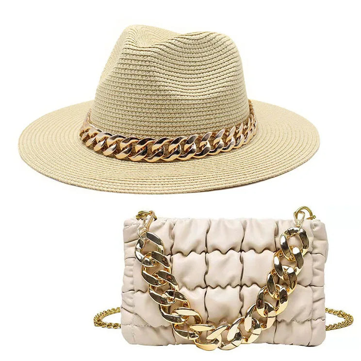 Set Straw Hat and Bag Set Gold Chain Bag Hat Set Ladies Leather Bag Tote Church Fedora Party Jazz Straw Hat