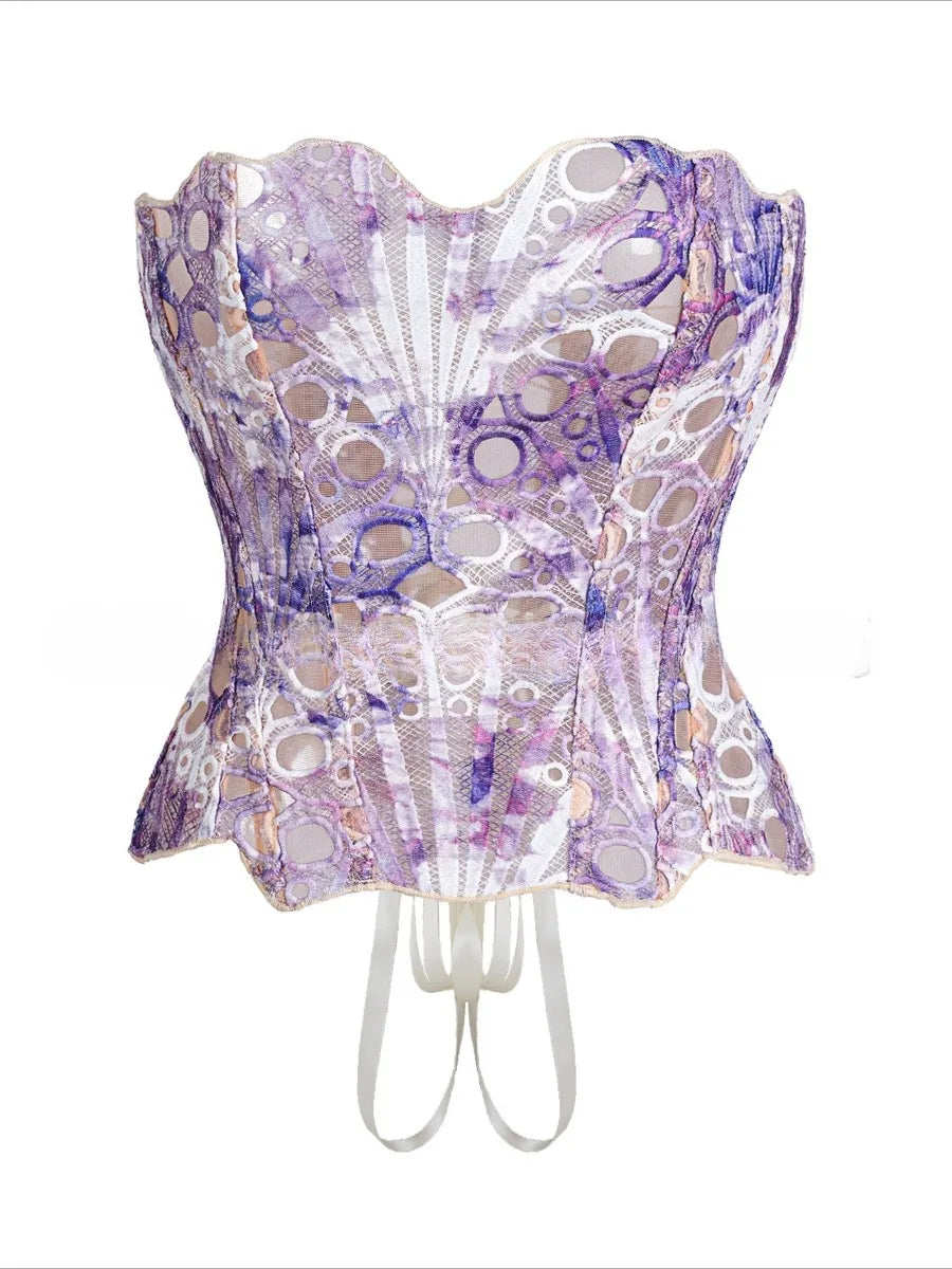 SsTss American Court Corset Sheer Mesh Breathable Corset Sexy Top Hollow Irregular Lace Double Layer Shapewear Chic Camis Top