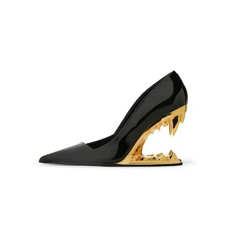 Women's New Pointed Shallow Mouth Metal Fabric Tiger Teeth Slope Heel Shoes Large 43