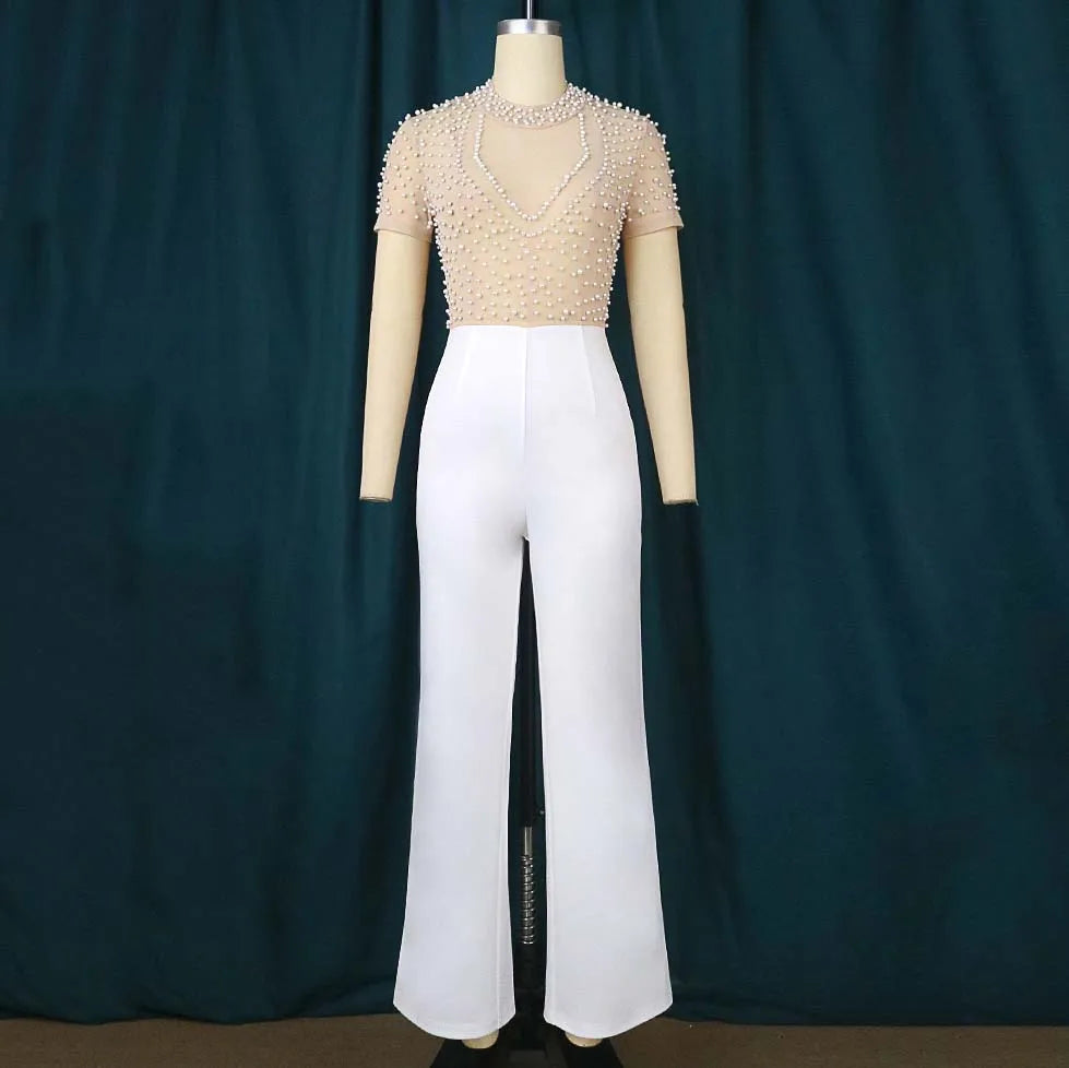 Elegante Jumpsuits & Playsuits für Damen O-Ausschnitt Kurzarm Perlenbesetzt Hohe Taille Luxuriöses Outfit für weibliche Geburtstags-Dinnerpartys