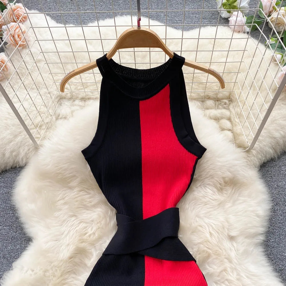 YuooMuoo Women Dress 2025 Summer Elegant Rib Knit Slim Waist Bandage Pencil Dress Office Lady Sleeveless Bodycon Sweater Dress