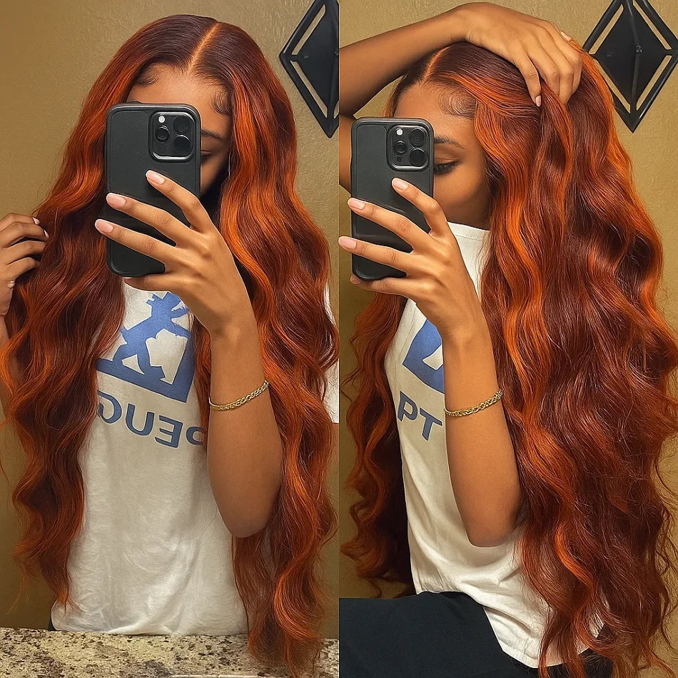 Ginger Brown Highlight Body Wave Lace Frontal Wigs Colored Human Hair Glueless Ombre Ginger Orange HD 13x4 Lace Front Lace Wig