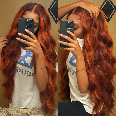 Ginger Brown Highlight Body Wave Lace Frontal Wigs Colored Human Hair Glueless Ombre Ginger Orange HD 13x4 Lace Front Lace Wig