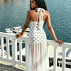 Sexy Polka Dot See through Beach Dress with Neck Hanging Long Polyester Blend Fabric Swimwear Cover up Irregular Hemline