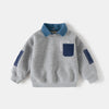 Spring Children Clothes Sweatshirt for Boys Denim Collar Fleece Pullover with Patch Pocket Casual Kids Top Long Sleeve T-shirt