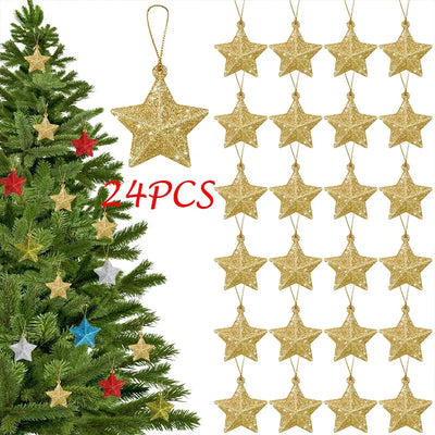 Gold Glitzer Stern Ornamente Weihnachtsbaum Hängender Anhänger 2024 Weihnachtsdekorationen für Zuhause Navidad Neujahrsfeier DIY Geschenk