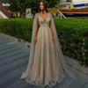 Bella Champagne Glitter Evening Dresses Vneck A-line Wedding Dress Elegant Floor-Length Long Shawl Customized Vestidos De Fiesta
