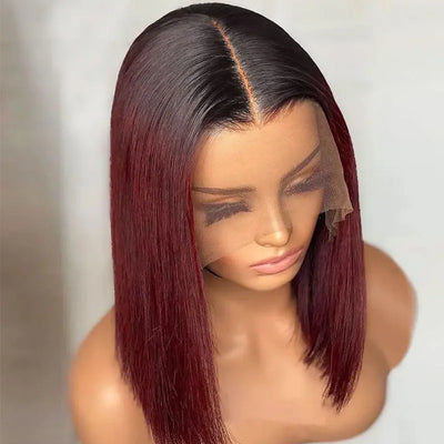 1B/99J Burgunder Rot Kurze Glatte Bob Echthaar Perücken Brasilianische Lace Front Echthaar Perücken Vorgezupfte T-Part Lace Perücken Remy Echthaar