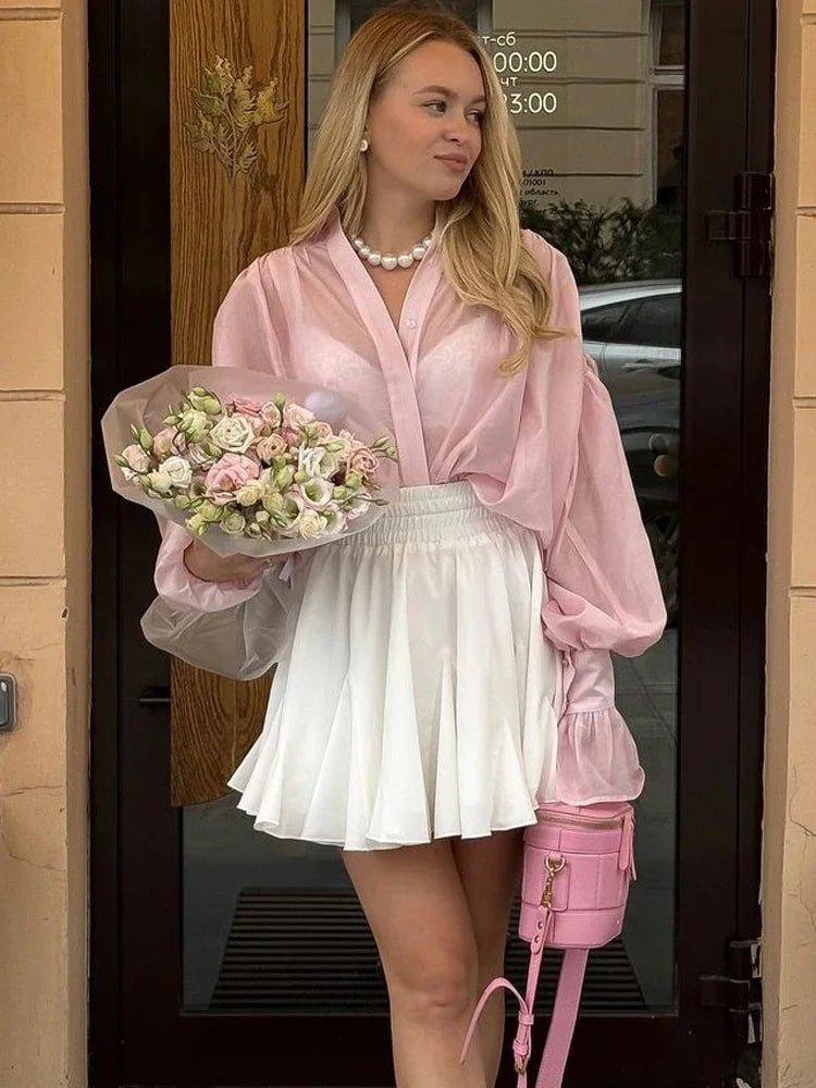 Tossy Lässige lockere durchsichtige Hemden Damen Herbst Revers Langarm Patchwork Bluse Top Streetwear weibliche einfarbige Hemden Top