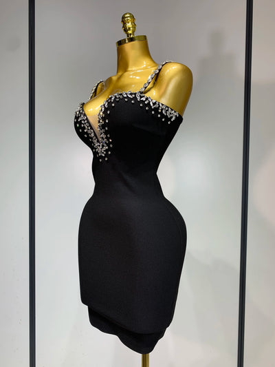 Damen Sexy Sling V-Ausschnitt Schwarz Mini Bodycon Bandage Kleid Luxus 2025 Promi Abendclub Promi Elegante Partykleider