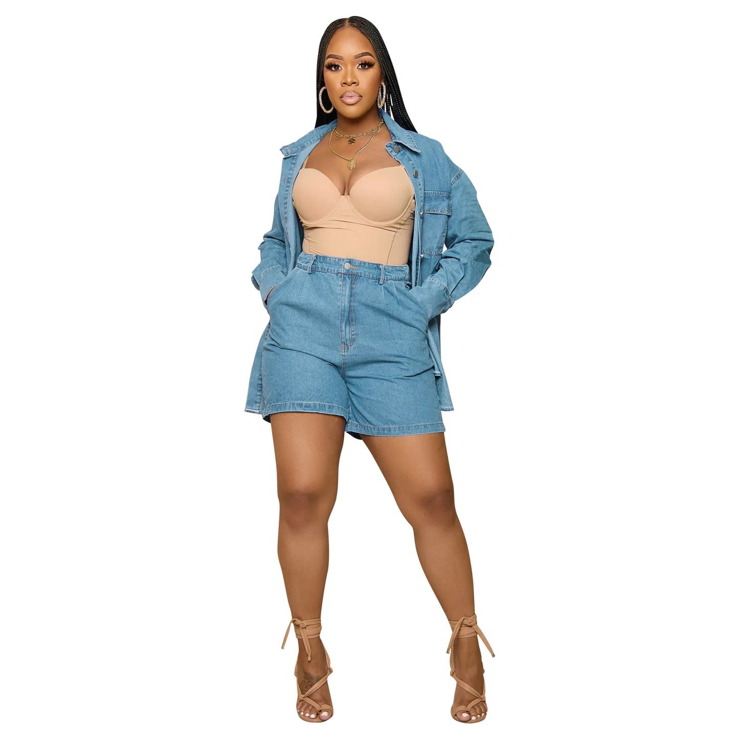 Denim Two Piece Sets Women 2024 Autumn Outfits Single Breasted Turn Down Collar Pockets Jacket Shorts Suit Short Pants Ensemble