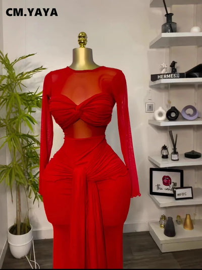 CM.YAYA Damen Mesh Durchsichtig Langarm Maxi Schleife Langes Kleid 2025 Abend Sexy Club Party Abend High Street Kleider
