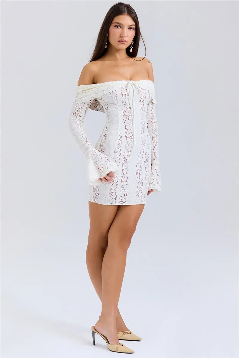 Mozision Blumen-Spitzen-Off-Shoulder Maxikleid für Damen, weiß, trägerlos, rückenfrei, langärmlig, Bodycon, Club, Party, sexy langes Kleid