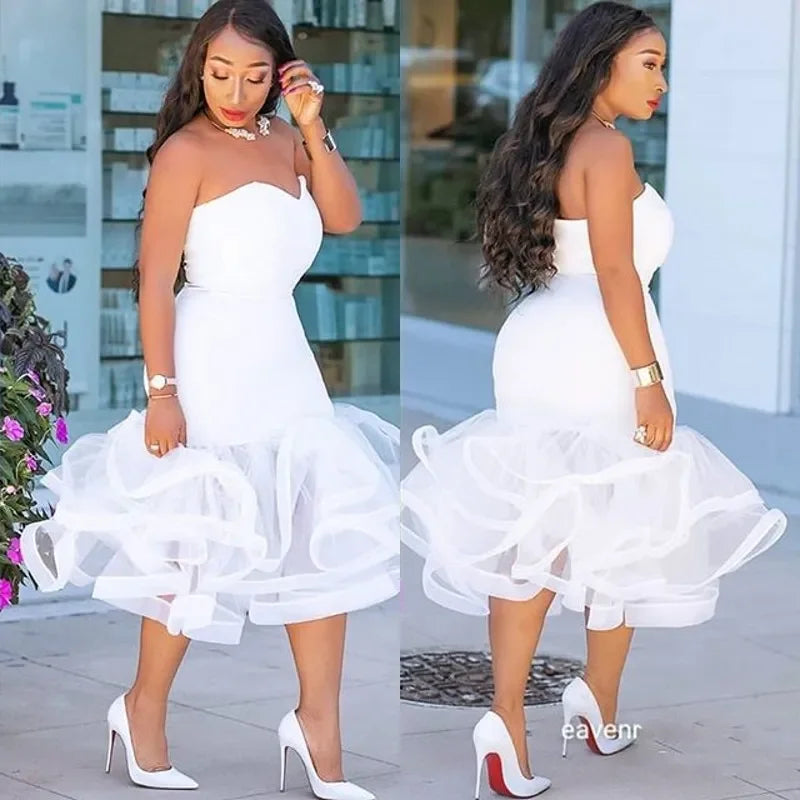 Strapless Satin Mermaid Prom Dresses Short  Mermaid Party Gowns White Short Party Gowns vestidos de festa Plus Size