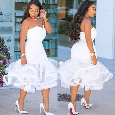 Strapless Satin Mermaid Prom Dresses Short  Mermaid Party Gowns White Short Party Gowns vestidos de festa Plus Size