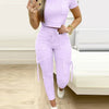 Tight Solid Color Two Piece Set Women Cropped T Shirt Slim Long Pants Pocket Ladies Sets 2025 Spring Summer Sportswear