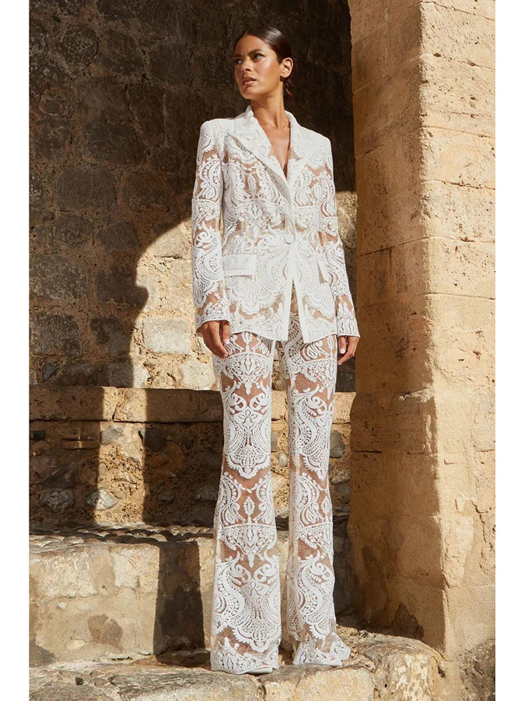 HIGH STREET Newest 2026 Designer Runway Suit Set Women's Single Button Guipure Lace Sequined Blazer Pants Suit