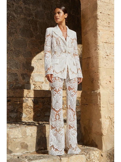 HIGH STREET Newest 2026 Designer Runway Suit Set Women's Single Button Guipure Lace Sequined Blazer Pants Suit