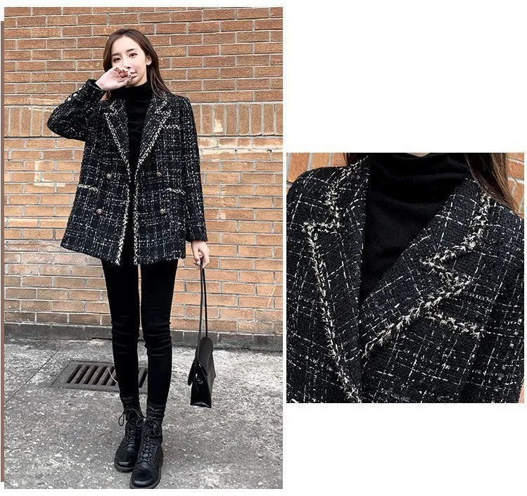 Tweed-Karo Anzugjacke Damen Oberbekleidung Lockerer Mittellanger Zweireihiger Freizeit-Wollblazer Top 2024 Frühling Herbst Neuer Schicker Anzug
