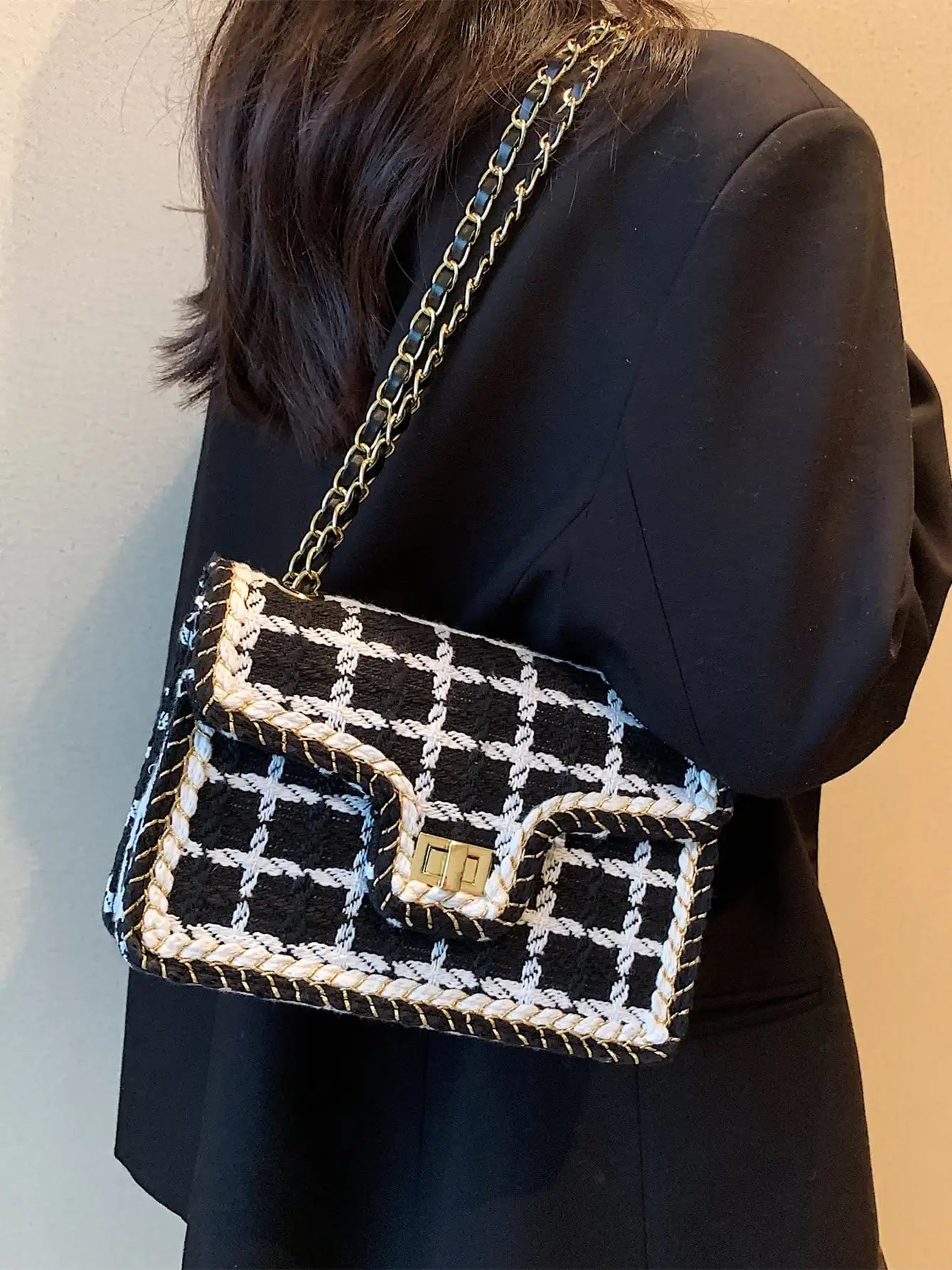 Schwarz-weiß karierte lässige Umhängetasche Umhängetasche Damen Schultertaschen Handtaschen mit oberem Griff Modische quadratische Tasche
