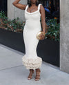 Fashion Yellow Tassel Knitted Sling Midi Dress for Women 2024 Sexy Backless Sleeveless Summer Beach Party Lady Robes