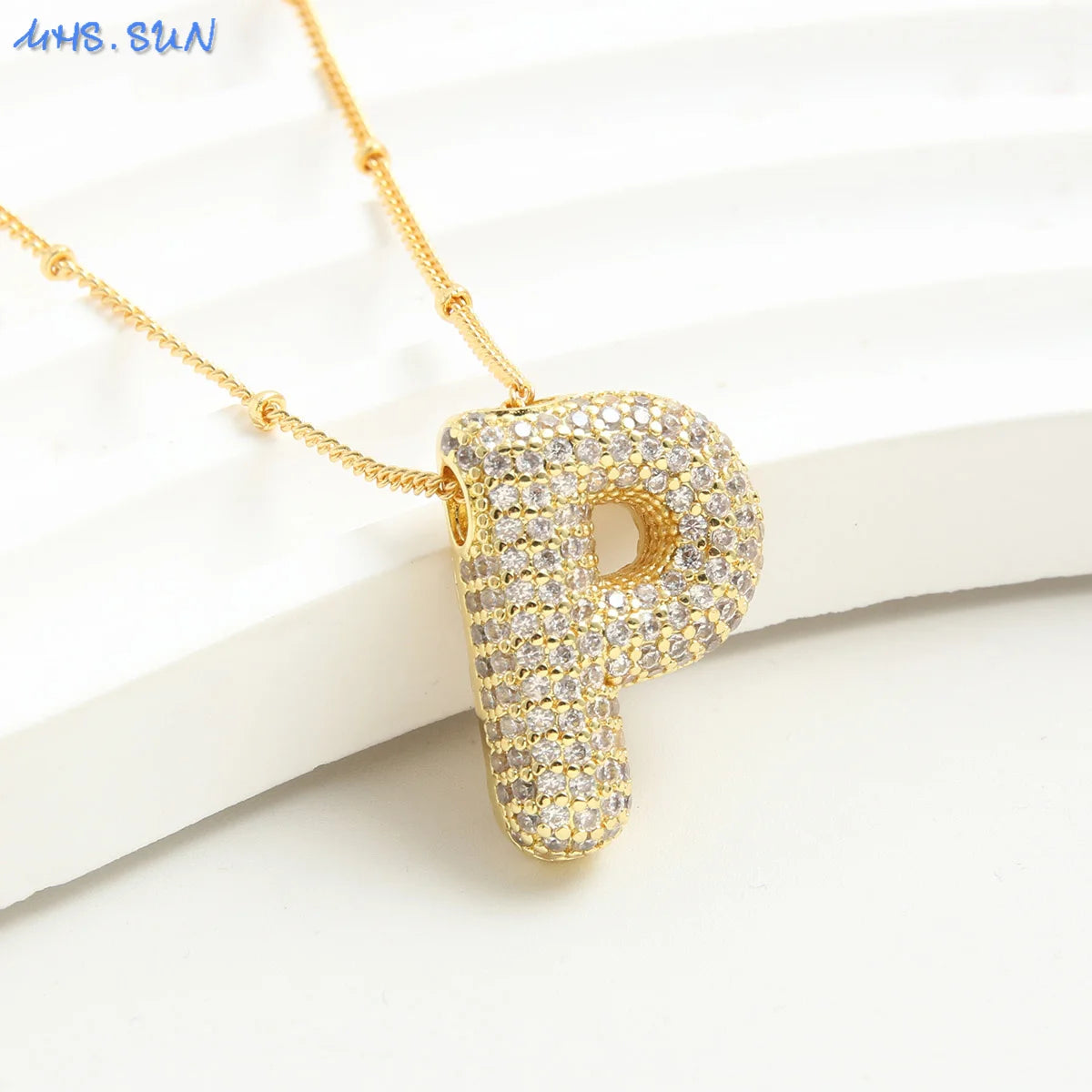 SUNSLL Cubic Zircon A-Z 26 Bubble Letter Necklace 2 Sizes Gold Plated M Chunky Balloon Initials Pendant Women Chain Jewelry 2024