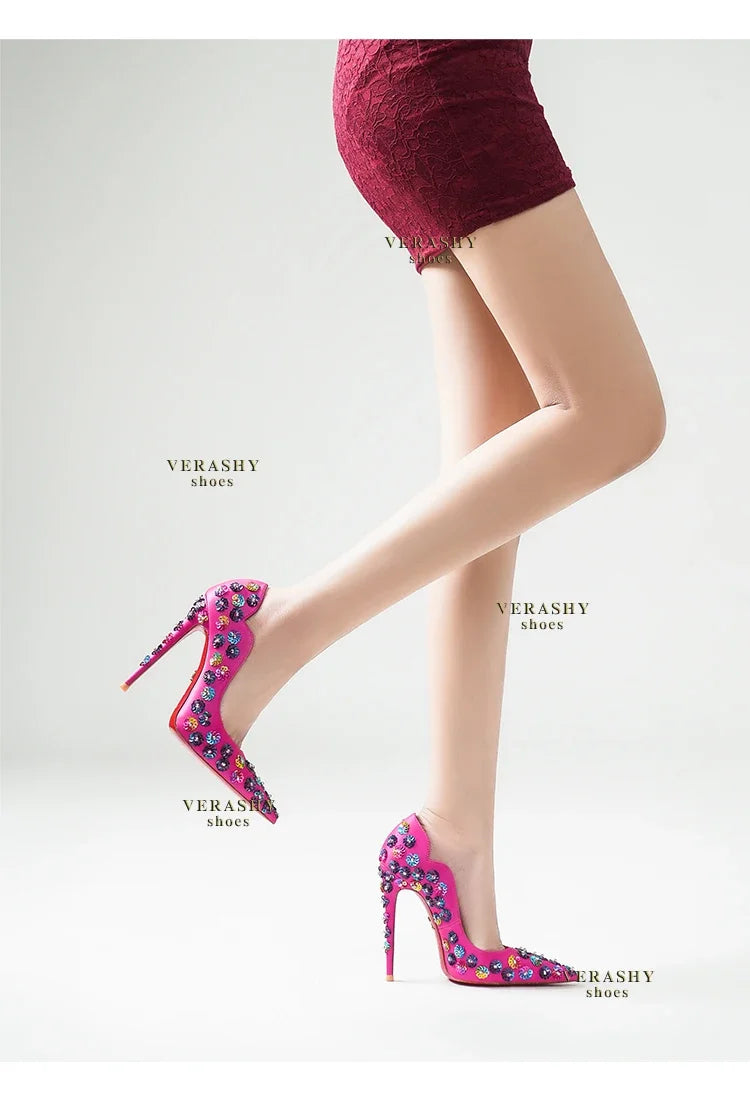 2025 Spring New High Heels Women's Embroidered Beaded Black Sexy Queen's Heel 10-12cm Pointed