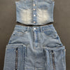 Y2k Fashion Vintage Washed Denim Set Women Off Shoulder Cropped Top Mini Skirt Jean Suit Summer Streetwear 2 Two Piece Outfits