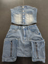 Y2k Mode Vintage Washed Jeans Set Damen schulterfreies bauchfreies Top Minirock Jeansanzug Sommer Streetwear 2 Zweiteiler Outfits