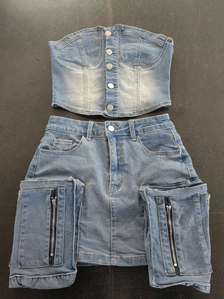 Y2k Mode Vintage Washed Jeans Set Damen schulterfreies bauchfreies Top Minirock Jeansanzug Sommer Streetwear 2 Zweiteiler Outfits