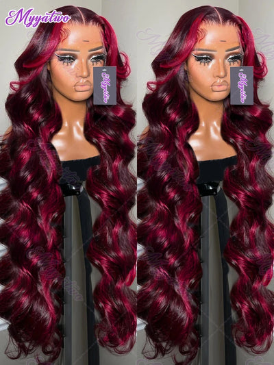 1b/99j Burgundy Highlight Body Wave 13x4 HD Lace Front Human Hair Wig Brazilian 30 32 Inch Colored 13x6 Lace Frontal Wigs 200%