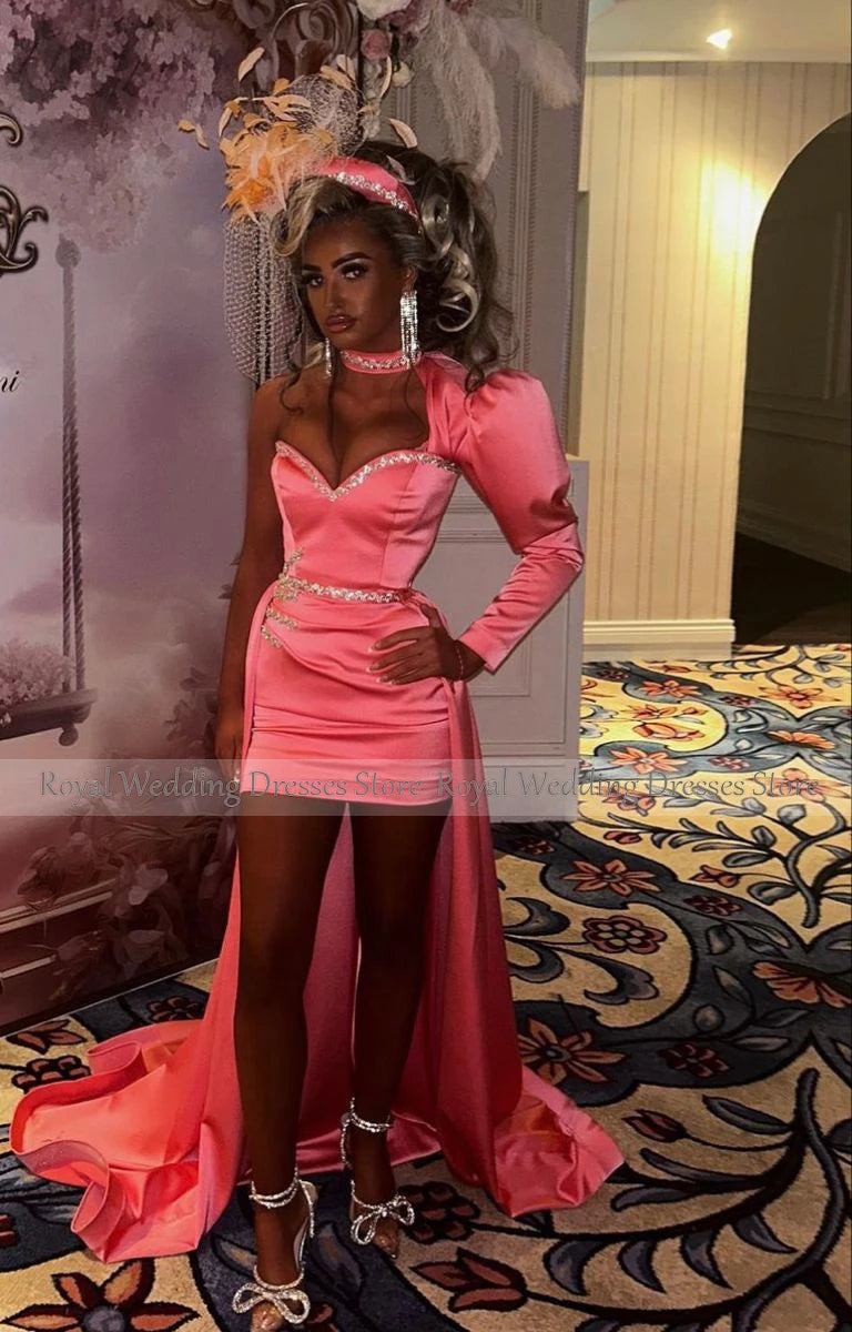 Mini Cocktail Dress with Detachable Train Crystals Sweetheart Pink Cocktail Gowns 2024 Satin One Shoulder Column Party Dresses