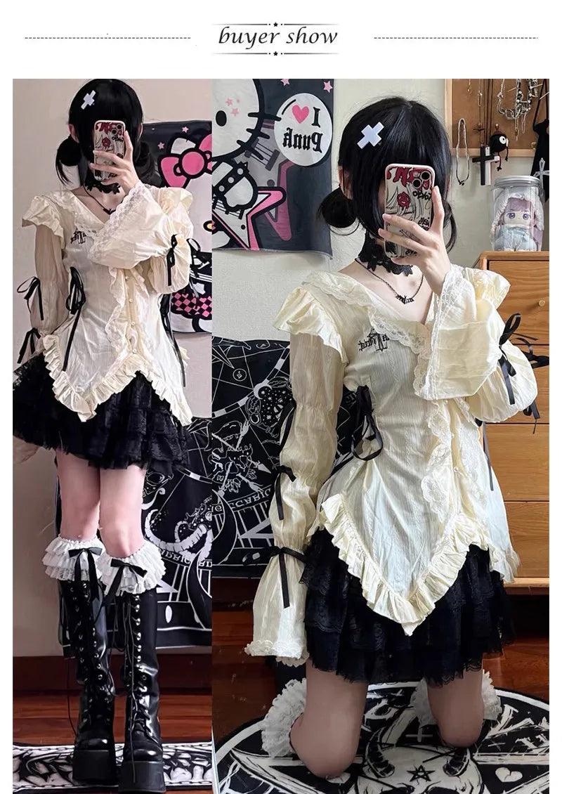 Karrram Y2k Ästhetik Spitze Hemd Grunge Gothic Unregelmäßige Blusen Fee Harajuku Bandage Hemd Vintage Lolita Kleidung Mall Goth