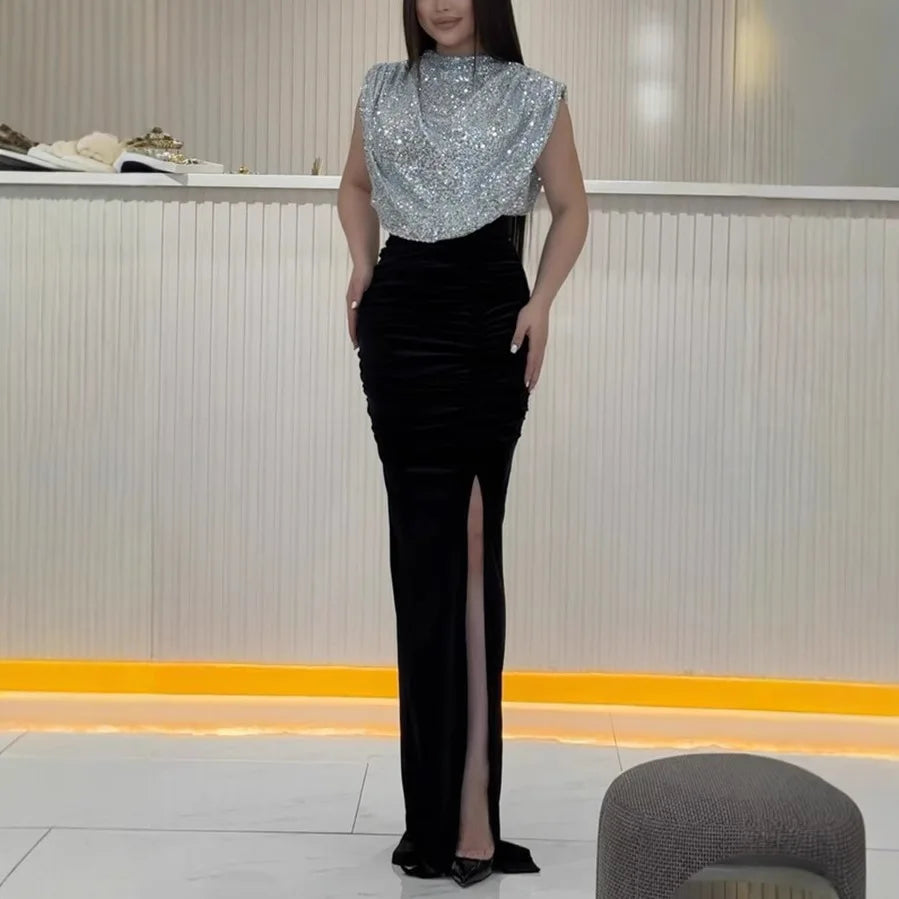 Spring Sequined Patchwork Sleeveless Long Dress Casual Party Draped Split O Neck Sequin Splicing Party Dress 2025