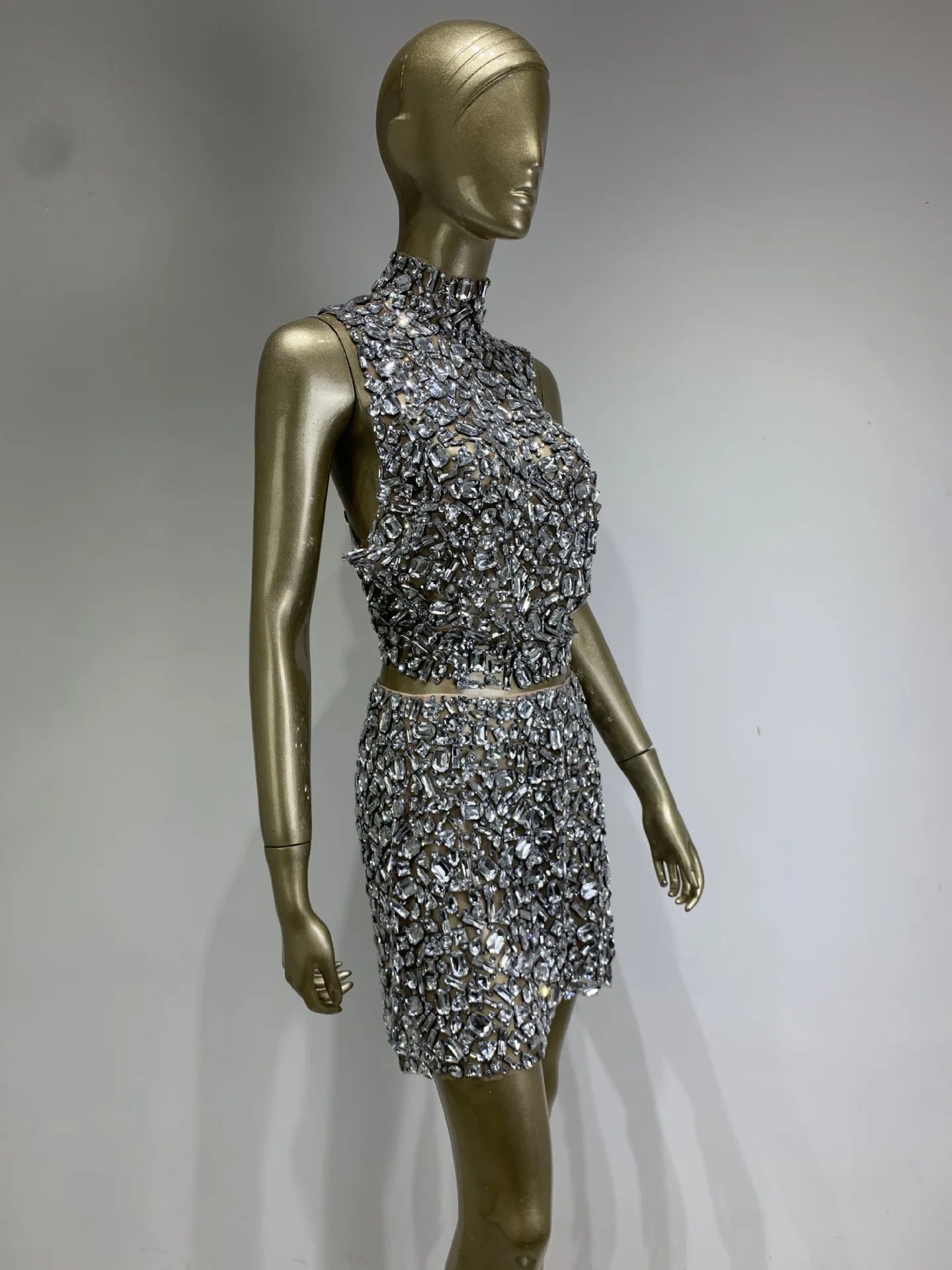 Sparkling Rhinestone Sexy Halter Backless Two-Pieces Set Birthday Evening Party Celebrate Stage Costume Nightclub Gown Dress