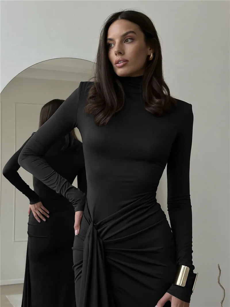 Mozision Rollkragen Oberschenkelhohes Schlitz Sexy Maxikleid für Damen Mode Langarm Drapierte Bandage Bodycon Club Langes Kleid
