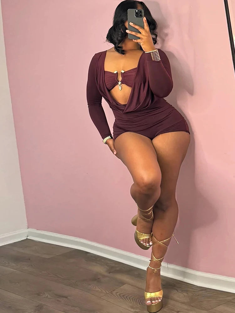 Insglas Frühling Trend Schwingkragen Sexy Damen Jumpsuit + Metallschnalle BH Hipster Midnight Party Neues Workout Fit Coquette Playsuits