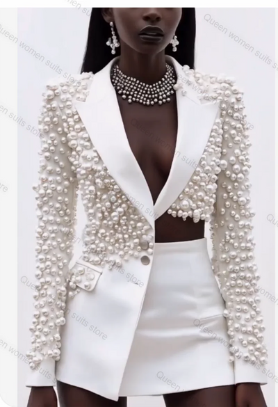 White Pearls Women Suit Set 2 Piece Sexy Blazer+Short Prom Dress Business Formal Office Lady Jacket Wedding Coat Customized
