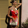 TARUXY Asymmetrisches, sexy bedrucktes Kleid, drapiert, Schwingkragen, Strandurlaub, Minikleid, elegant, ärmellos, Damen, hohe Taille